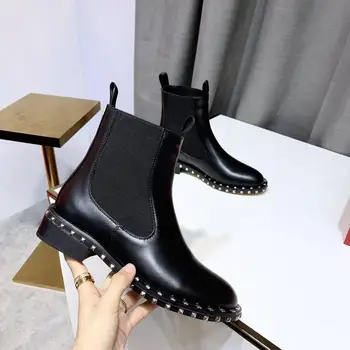 

Rockstud Women Ankle Boots Fashion Patchwork Women Shrt Boots Genuine Leather Slip On Chelsea Boots For Women Autumn Winter Shoe