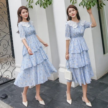 

Chiffon Lace Korean Dresses Peter Pan Collar Loose Brief Summer Dress Flarre Sleeve Casual Fashion Women Dress