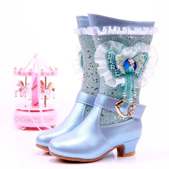 

Disney Children's Frozen Elsa Princess Sequins Thickened Warm Cotton Shoes Long Tube High Heel Snow Boots Cotton Boots Bow