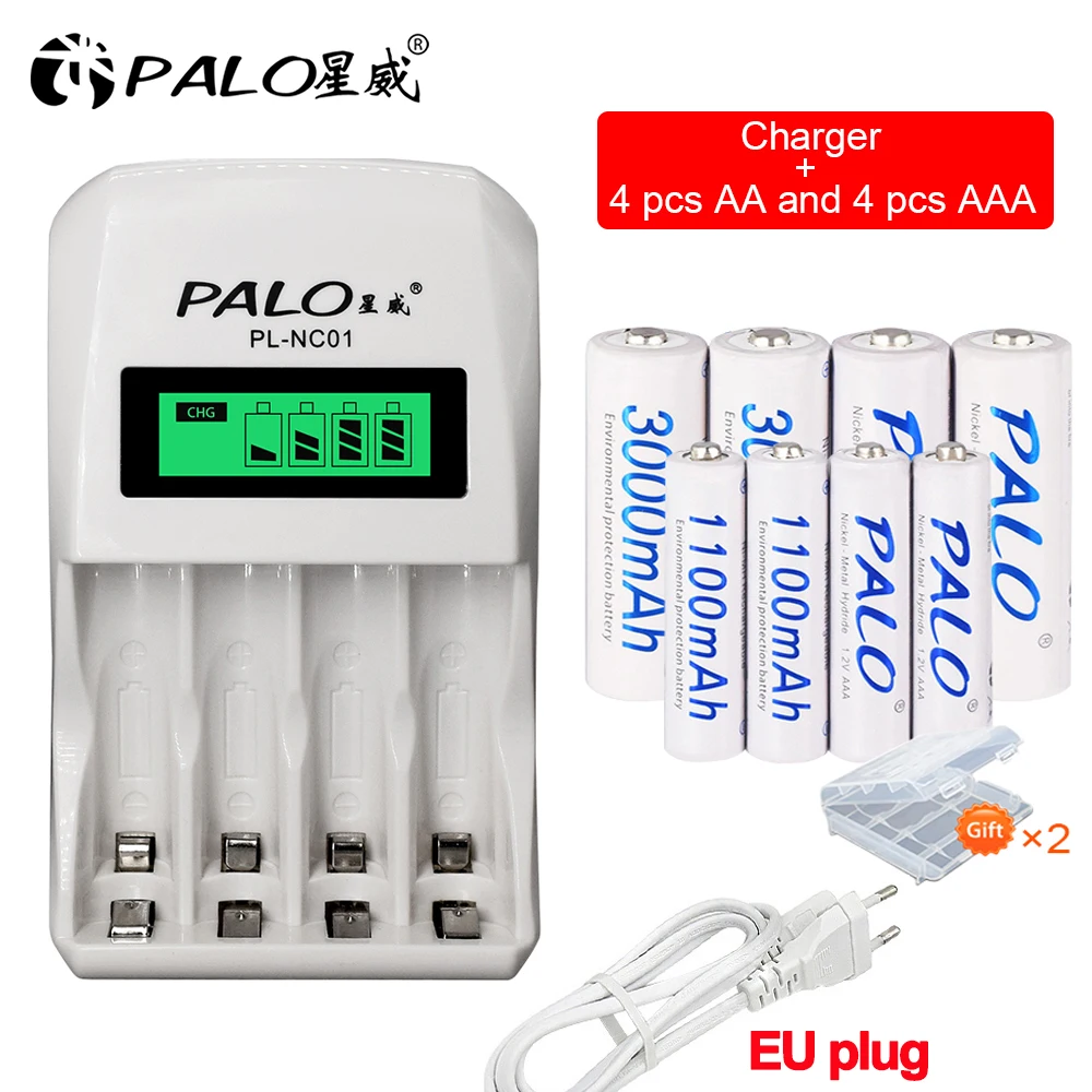 Batterie Ricaricabili Palo 1.2V Ni-Mh Aa 3000Mah Batterie Ricaricabili Aaa 1100Mah Con Caricabatterie Intelligente Per Batterie Aa Aaa