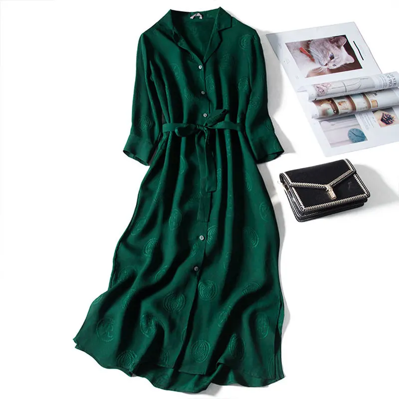 

Green Jacquard Natural Silk Dress Women 2020 Straight Vintage 3/4 Sashes Mid-Calf Notched Designer Women Dresses High Quality