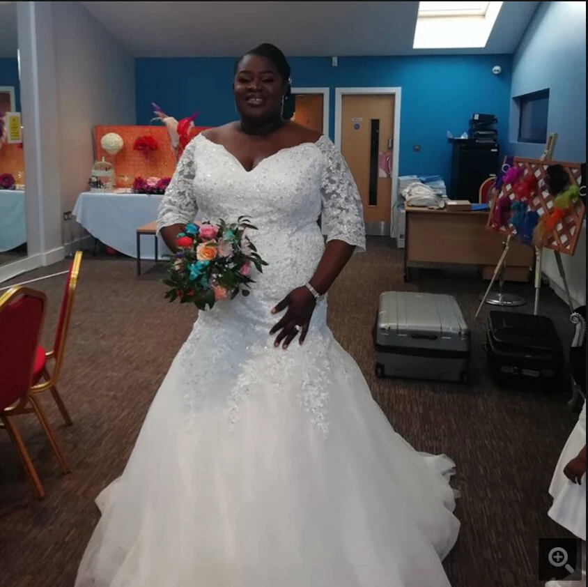 

Vestidos De Novia 2020 Lace appliques muslim Mermaid Wedding Dresses beaded sequins Plus Size Half Sleeve modest Wedding Gowns