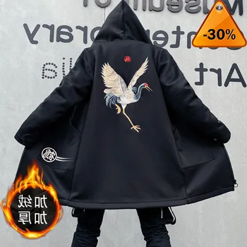 

Embroidery Chinese Characters Cranes Thick Hoodies Pullover Hooded Sweatshirts Autumn Winter Harajuku Casual Streetwear