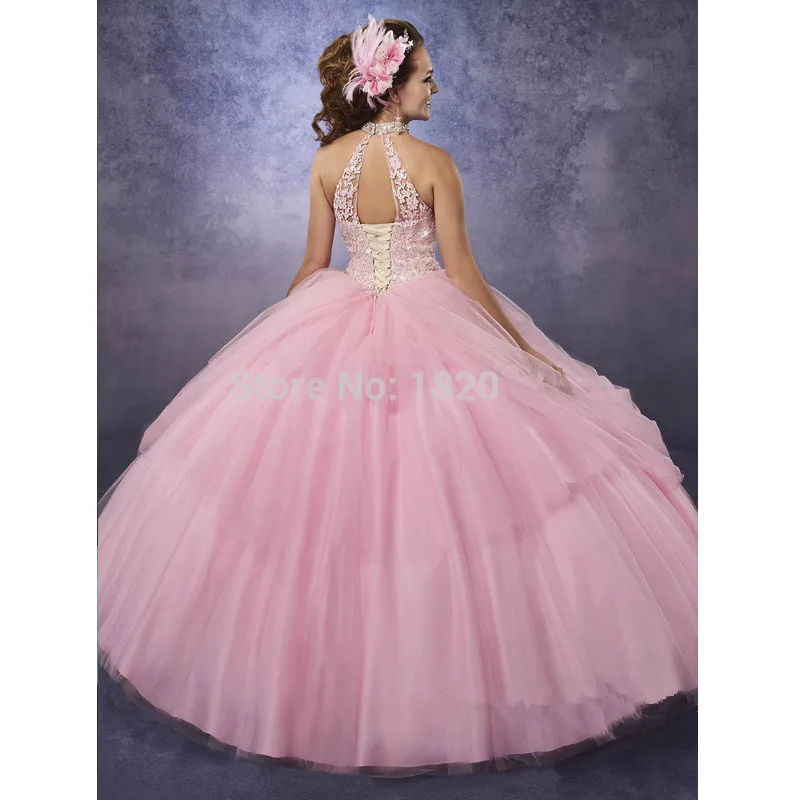 Turquoise Quinceanera Dresses Ball Gown Halter Tulle Appliques Lace Pearls Cheap Sweet 16 Dresses