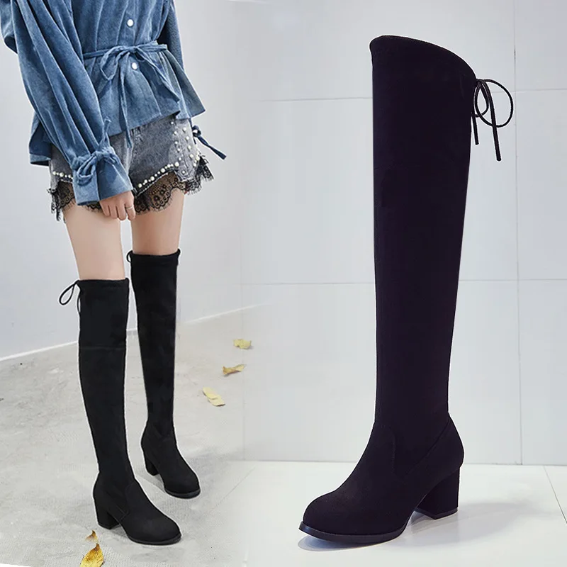 

Autumn and Winter Knee High Boots Women's European and American High Heels Ladies Show Boots Black Luxury Shoes Women Designers