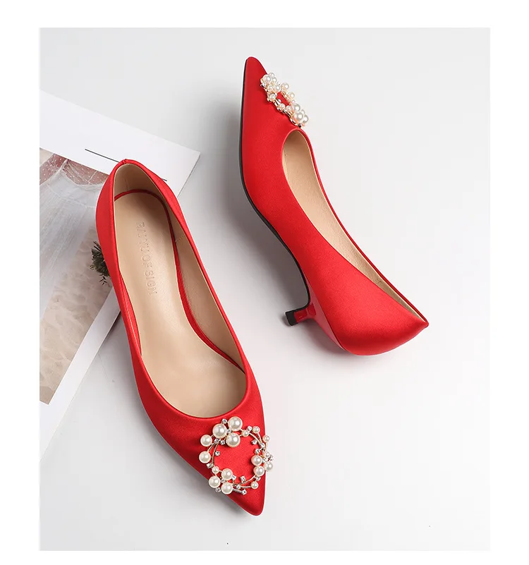 Women Wedding Shoes High Heels Shoes Woman Bride Silk String Bead Thin High Heels Pint Toe Slip On Elegant Crystal Red Pumps