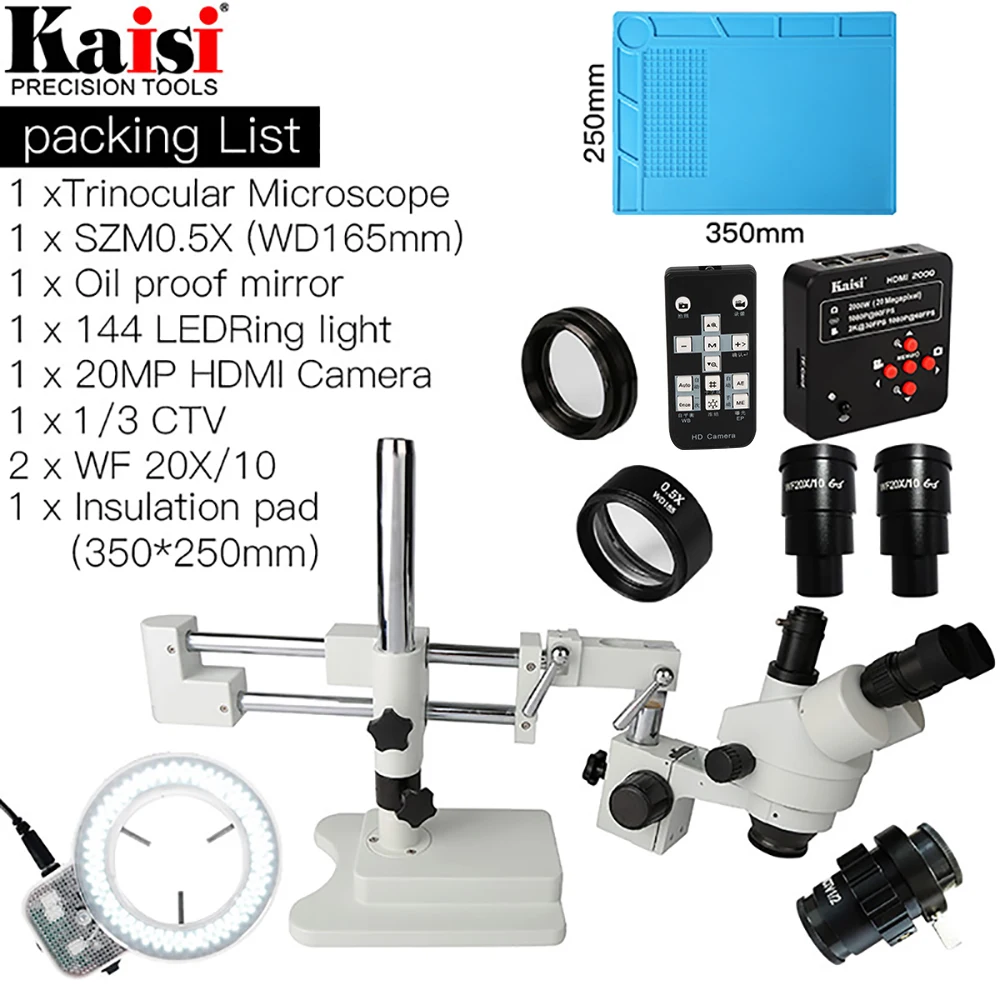 3.5X-90X двойной стрелы стенд Simul-Focal Тринокулярный Стерео микроскоп 20MP HDMI камера 144 шт. кольцевой светильник ремонт телефона pcb