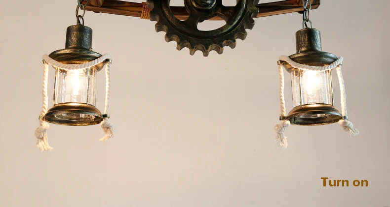 Rustic Pendant Lamp Round Wood Design Gear Retro Hemp Rope Hanging light14
