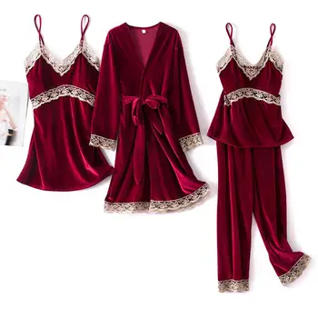 

Women Sleepwear Nightwear Velour Kimono Bathrobe Gown 2020 New Pyjamas Sleep Set Casual Velvet 4PCS Pajamas Suit Pijamas