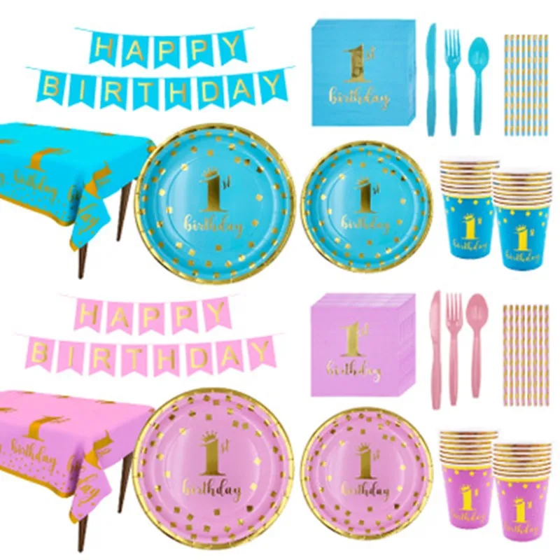 

Baby 1st Birthday Disposable Tableware Pink Blue Plate Cup Napkin One Year First Birthday Party Table Decor Baby Shower Supplies