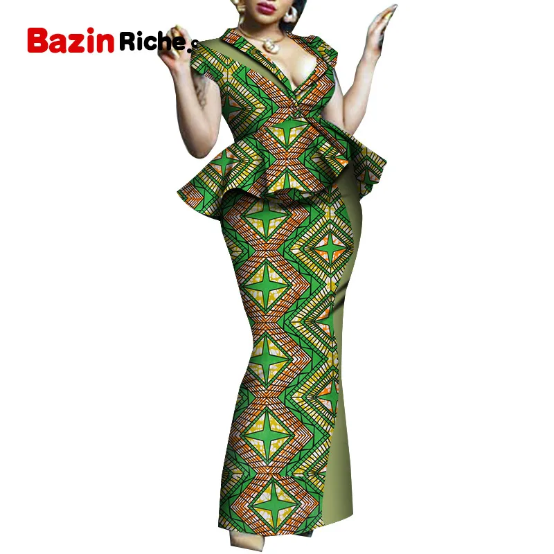 Африканский Дашики Женская традиционная одежда Базен принт плюс размер костюмы африканские платья для женщин костюм 2 шт. юбка комплект WY5108 - Цвет: 6