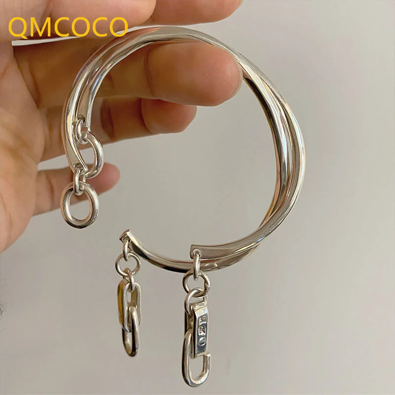 QMCOCO 925 Silver Simple Bangle Bracelet Woman Lock Hook Chain New Style Fashion Punk Party Jewelry Gift For Girl | Украшения и