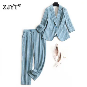 

2020 Spring Office Lady Two Piece Outfit Fashion Women Set Elegant Striped Cotton Linen Blazer and Pants Suit Matching Sets