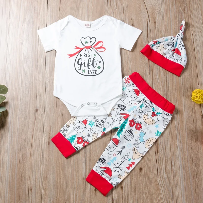 

1Fashion Baby Boy Girl Clothes 0-24M Cute Toddler Christmas Printing Bodysuit And Trousers And Hat Kids Three-piece Outfit Set