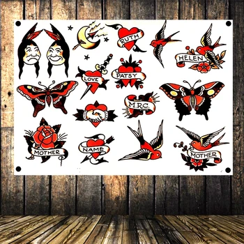 

Old School Tattoo Poster Tattoo Shop Home Decor Wall Art White Hanging Flag Banner Tapestry Cloth Printing Canvas Painting F6