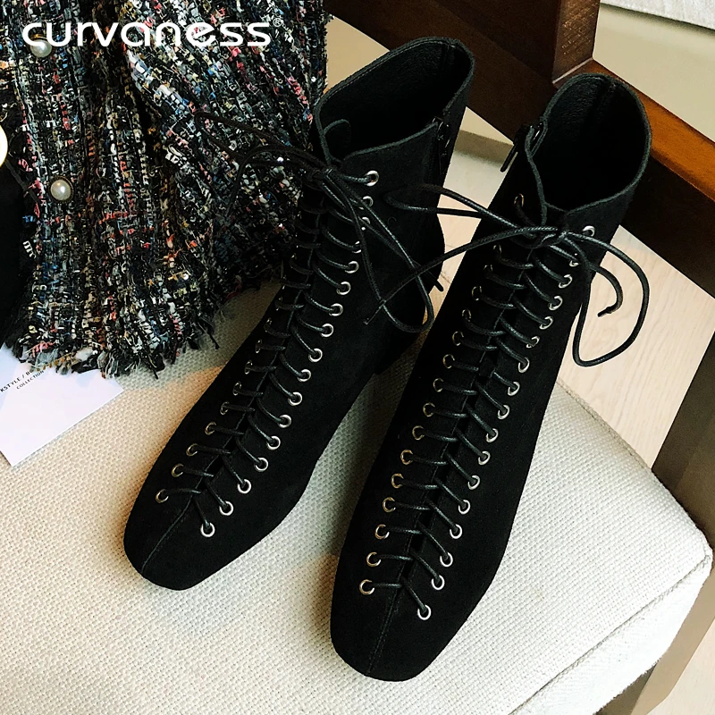 Curvaness 2019 New Genuine Leather Ankle Boots for Women Spring Autumn Ladies Shoes Woman Zipper Thick Heels Booties | Обувь