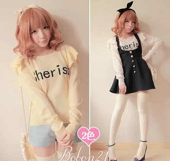 

Princess sweet lolita sweater Bobon21 spring new arrival letter smallerone ruffled pleated sleeve thin sweater t0986 yellow