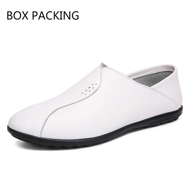Мужские повседневные туфли из натуральной кожи; сезон осень-лето; молодежные низкие слипоны; черные, белые, красные туфли на плоской подошве для мужчин; большие размеры 6,5-11 - Цвет: white with box