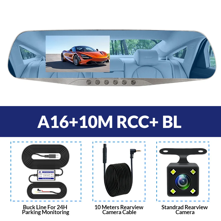 E-ACE, автомобильная камера, зеркало заднего вида, DVR, двойной объектив, цифровой видеорегистратор, авто регистратор, 5 светодиодных ламп, ночное видение, Full HD 1080P - Название цвета: A16-10M RCC-BL