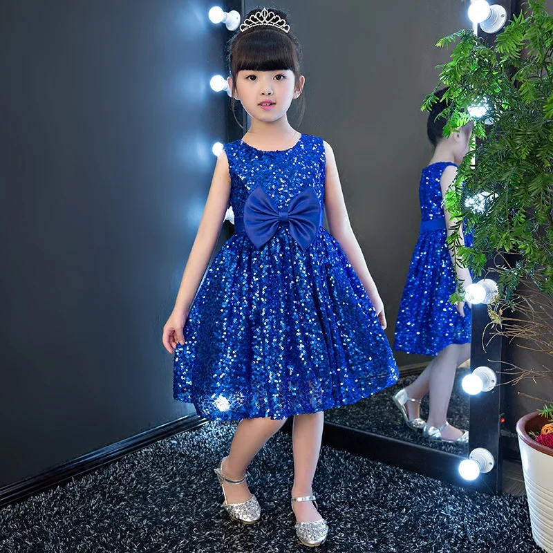 Нарядное платье для девочек на Рождество; Новинка года; Золотое вечернее платье Шампань с блестками и бантом; Детские платья принцессы; одежда для маленьких девочек - Цвет: Синий