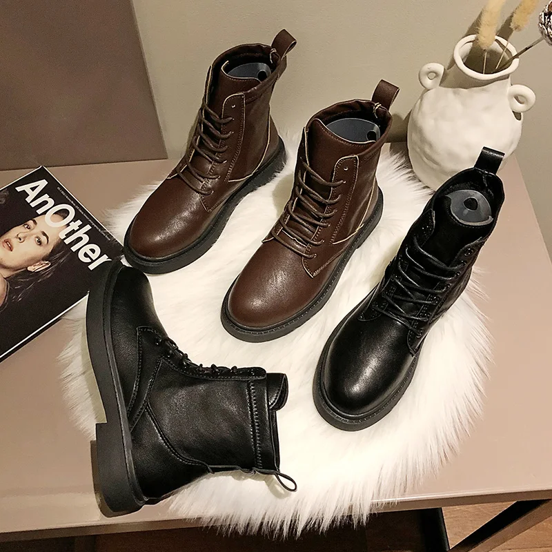 Lace Up Women's Leather Boots Flat Heel Round Toe Low Heels booties Booties Ladies Fashion Womens Shoes Boots-women Punk