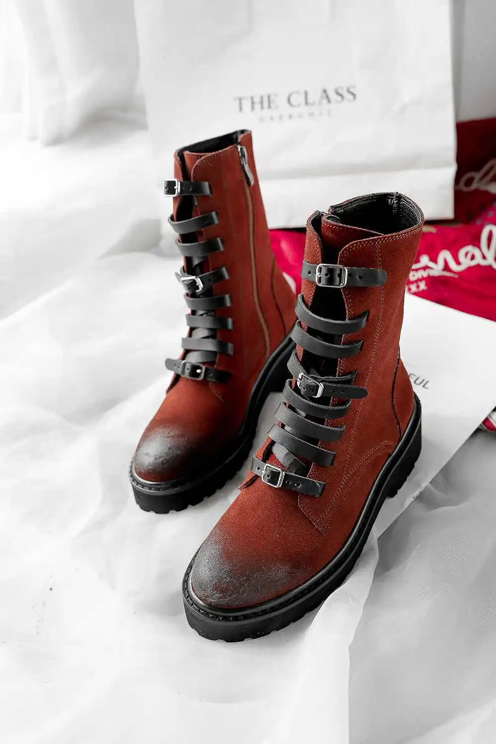Lenkisen genuine leather vintage campus style belt buckle straps round toe high heels rock winter women warm mid-calf boots L33