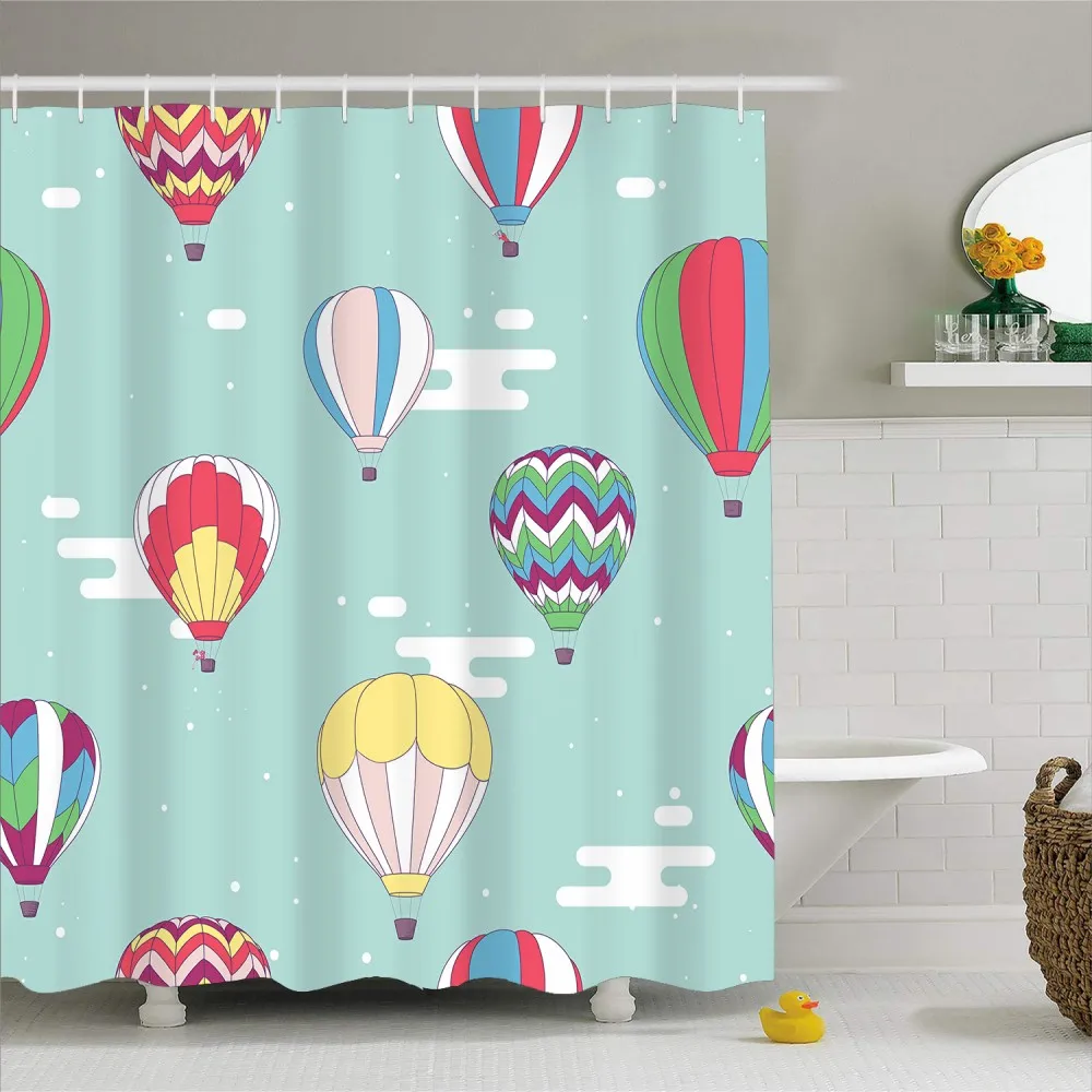 3D Print Durable Waterproof Polyester Shower Curtain with Hooks 1 Piece Hot Air Balloon Bath Curtain Bathroom Decor