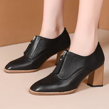 

Plus size 41 women's genuine leather front zip pumps square toe OL style comfortable high heels high quality dress shoes women