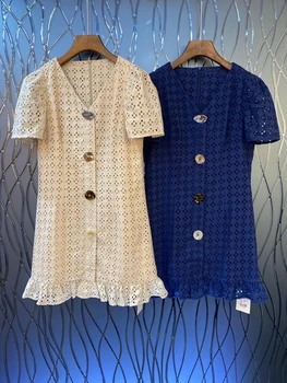 

2020 Spring and Summer New Women's V-neck Back Zipper Fastener Decoration Hollow Lotus Leaf Swing Short-Sleeve Dress 638