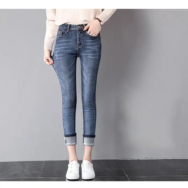 Корейские женские джинсы, Плюс Размер, зимние теплые джинсы, синие, одноцветные, обтягивающие, флисовые, плотные, узкие брюки, повседневные, популярные, джинсовые брюки