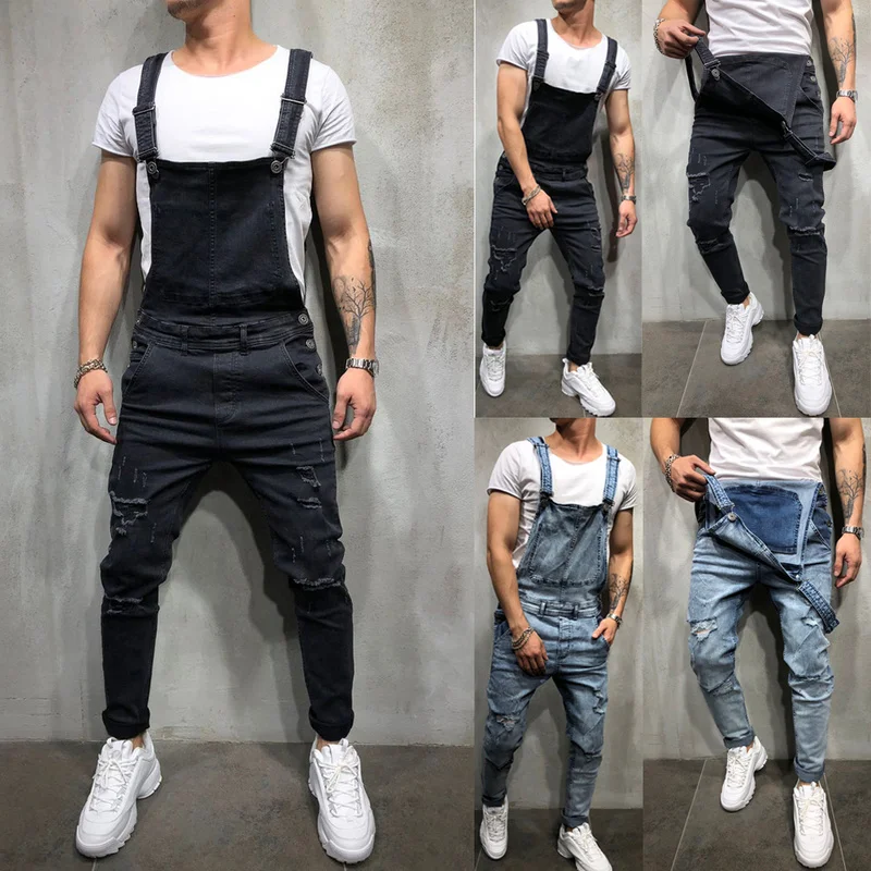 Модные Для Мужчин's Рваные джинсы комбинезоны Марка NEW Fashion Hi Street рваные джинсовые Комбинезон для человек штаны с подтяжками