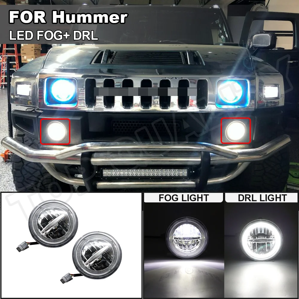 NEWM White LED Halo Ring DRL Fog Lights For Hummer H2 2003-2009 - Pair, 6000K