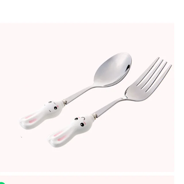 2Pcs Cartoon Carrot Rabbit Fork Spoon Stainless Steel Ceramics Kids Tableware 