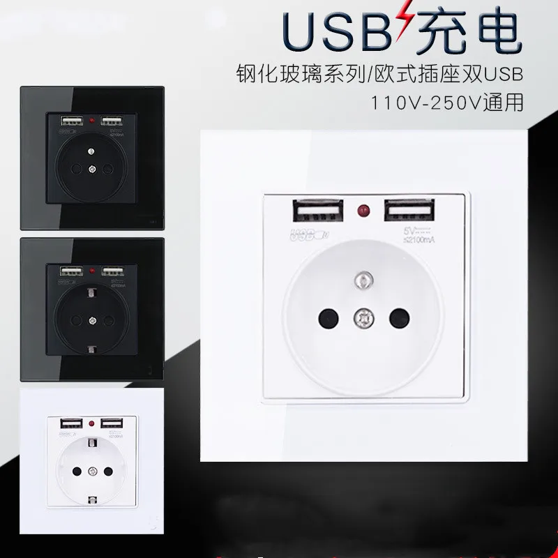 GXFG German socket with double usb French 16A tempered glass European standard with USB wall outlet