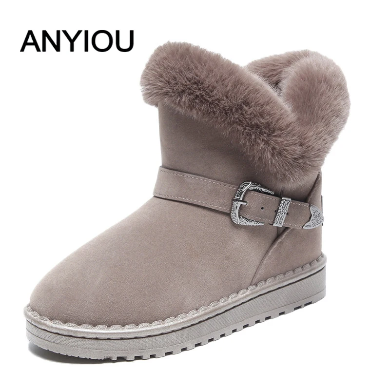

ANYIOU Outdoor Fur Keep Warm Shoes Women Winter Snow Boots Female Sweet Flock Slip-on Woolen Boot Solid Rhinestone Casual Boots