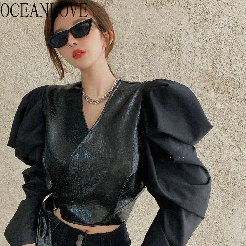 OCEANLOVE винтажные женские блузки из полиуретана однотонные модные с V-образным