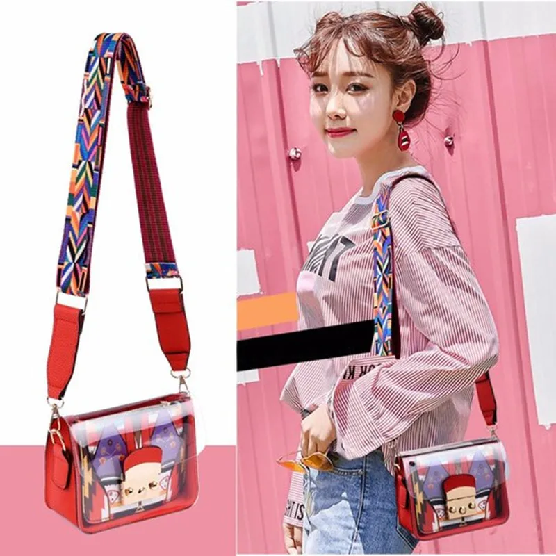 

2018 New Style WOMEN'S Bag Korean-style Versatile Transparent Square Sling Bag Contrast Color Wide-Strap Crossbody Bag Mini Bag