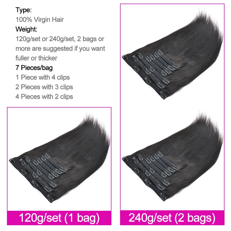 Tanie YVONNE światła Yaki ludzkie włosy włosy doczepiane clip in brazylijski dziewiczy włosy 7 sztuk 120 g zestaw naturalny kolor