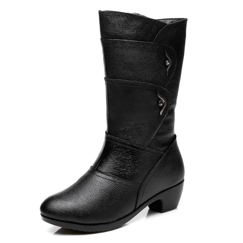 Женские Классические ботинки OUKAHUI черные сапоги до середины икры из натуральной