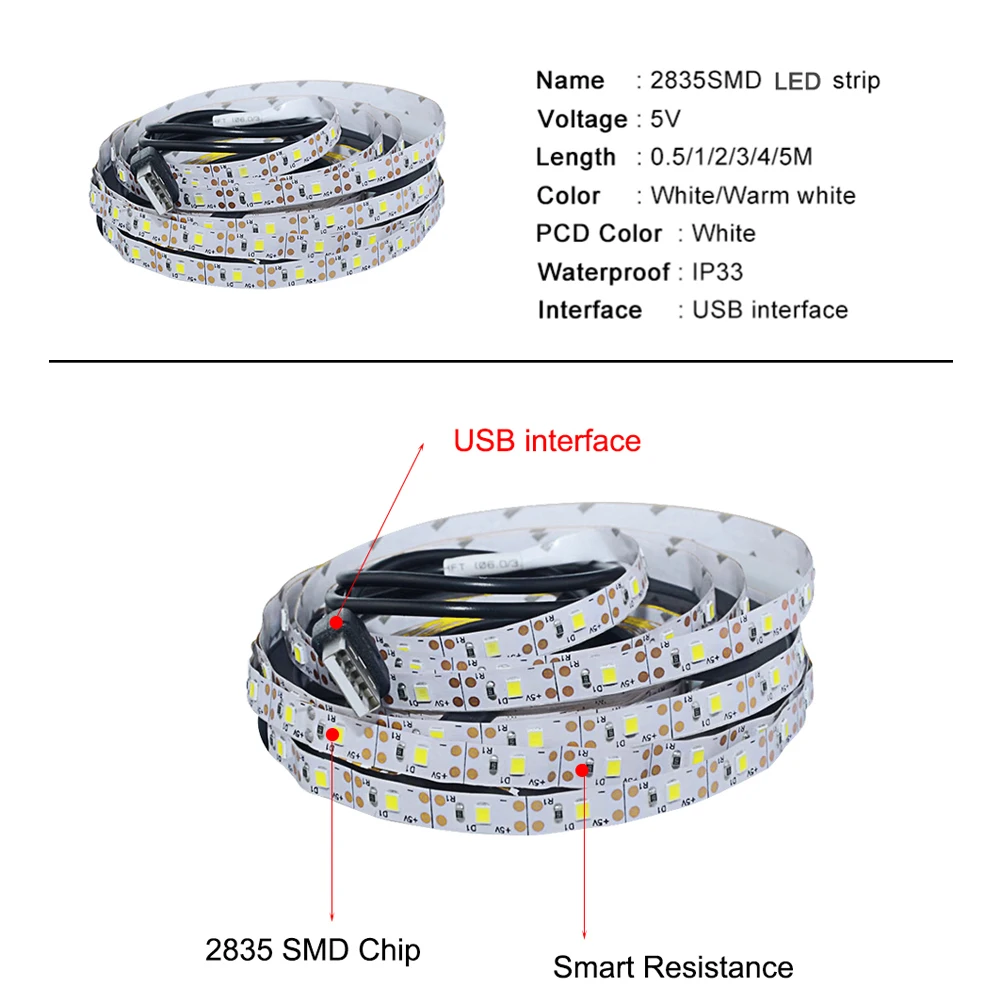 Светодиодный USB блок питания DC 5 В 0,5 м 1 м 2 м 3 м 4 м 5 м холодный белый теплый белый USB Светодиодная лента для внутреннего декора освещения