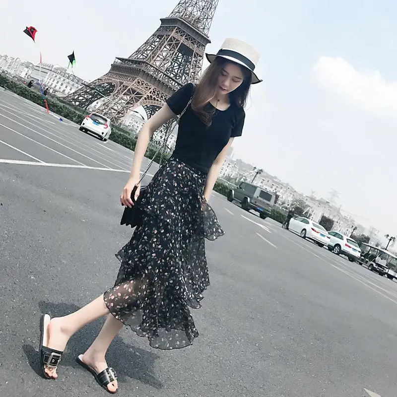 

Chiffon Floral Skirt Women's Medium And Long Summer New High Display Elastic Waist Women's Skirt