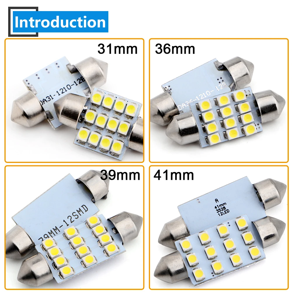 100 шт 12В 1210 12 SMD 31 мм 36 мм 39 мм 41 мм светодиодные лампы-гирлянды, Купольные лампы, светильник для чтения, потолочный светильник белого цвета