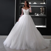 Роскошное с длинными рукавами бальное платье свадебное платье с v-образным вырезом блесток Тюлевое платье невесты Кружева Аппликация Vestido De Noiva
