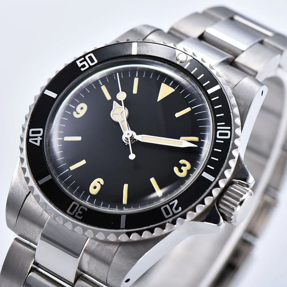 1960 мужские часы в стиле ретро, автоматические механические 39,5 мм, черный стерильный циферблат, черный алюминиевый лист, светящийся ободок 02