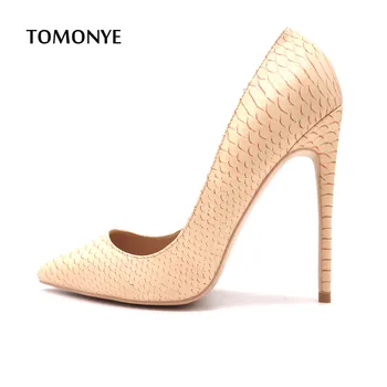 

Hot sale apricot python snake pointed toe designer shoes women night club 12cm heel evening pump small plus size 44 45 on sale