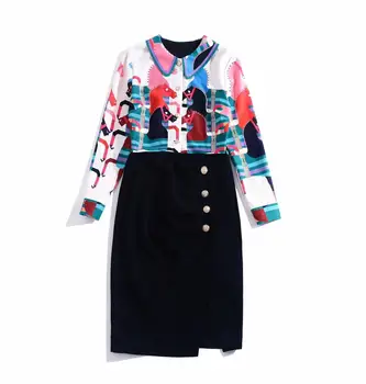 

European and American women's clothing 2019 winter new style Long sleeve doll collar Fashion print stitching Temperamental dress