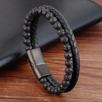 

Men Beacelets Natural Volcano Stone Leather Magnetic-clasp Cowhide Braided Trendy Bracelet Armband Pulsera Hombre Dropshipping