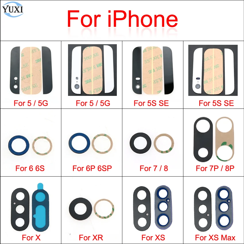 YuXi For iPhone X XR XS Max 8 7 6 6S Plus 5S SE 5 Back Rear camera Glass lens with adhesive Replacement Parts | Мобильные телефоны