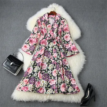 

Autumn Dress Womens Clothing 2020 New Runway Designers Fashion Turn Down Collar Flare Sleeve Floral Print Vintage Dress
