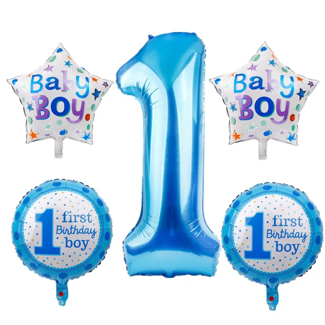5pcs blue set Вечерние украшения для первого дня рождения Детские воздушные шары один год торт Топпер полосы номер 1 шляпа душ Pull флаг globos - Цвет: 5pcs blue set